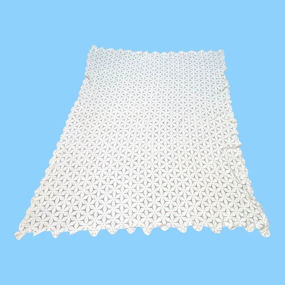 Vintage Handmade White Crochet Tablecloth 64"x77 Geometric Boho Chic Cottagecore